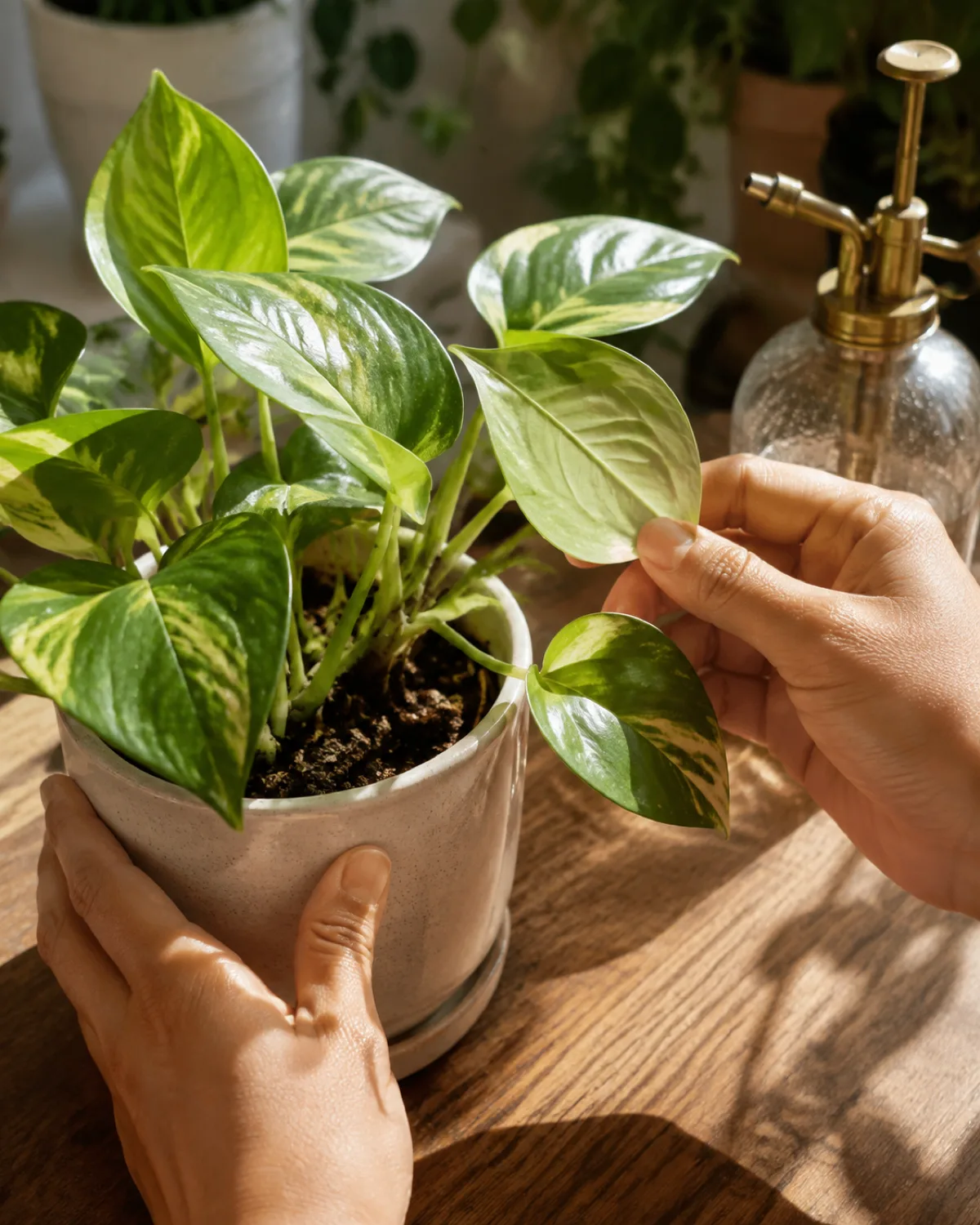 Hands gently turning a small pothos plant in its pot to inspect the underside of a leaf with the leaf flipped over showing the clean underside being checked for pests on a wooden table with soft morning light and a spray bottle of water nearby