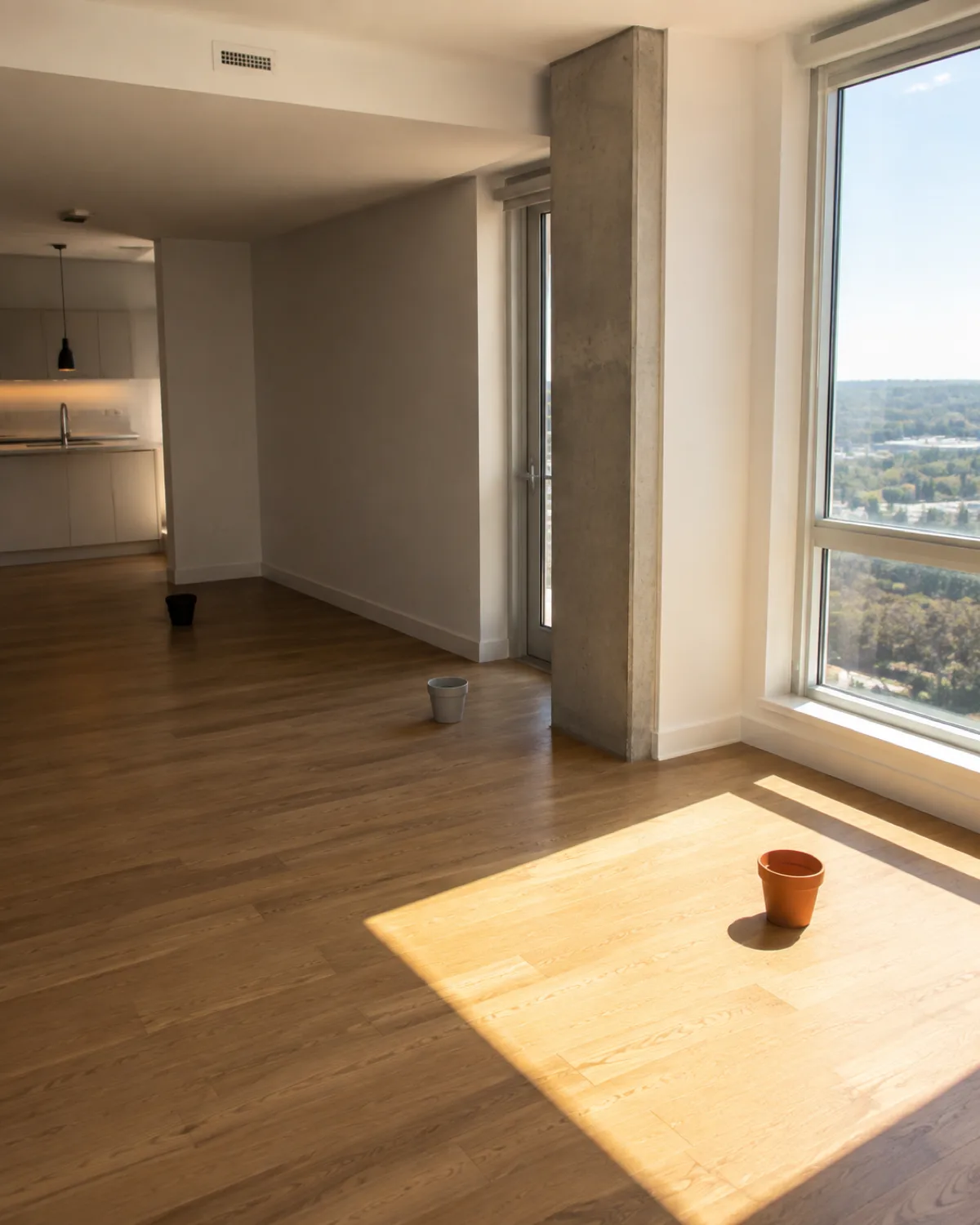 A bright room interior showing different light zones with a south-facing window flooding the area closest to it with direct sunlight creating a bright rectangle on the wooden floor gradating to medium indirect light in the middle and a visibly dimmer corner farthest from the window with small empty pots at each zone