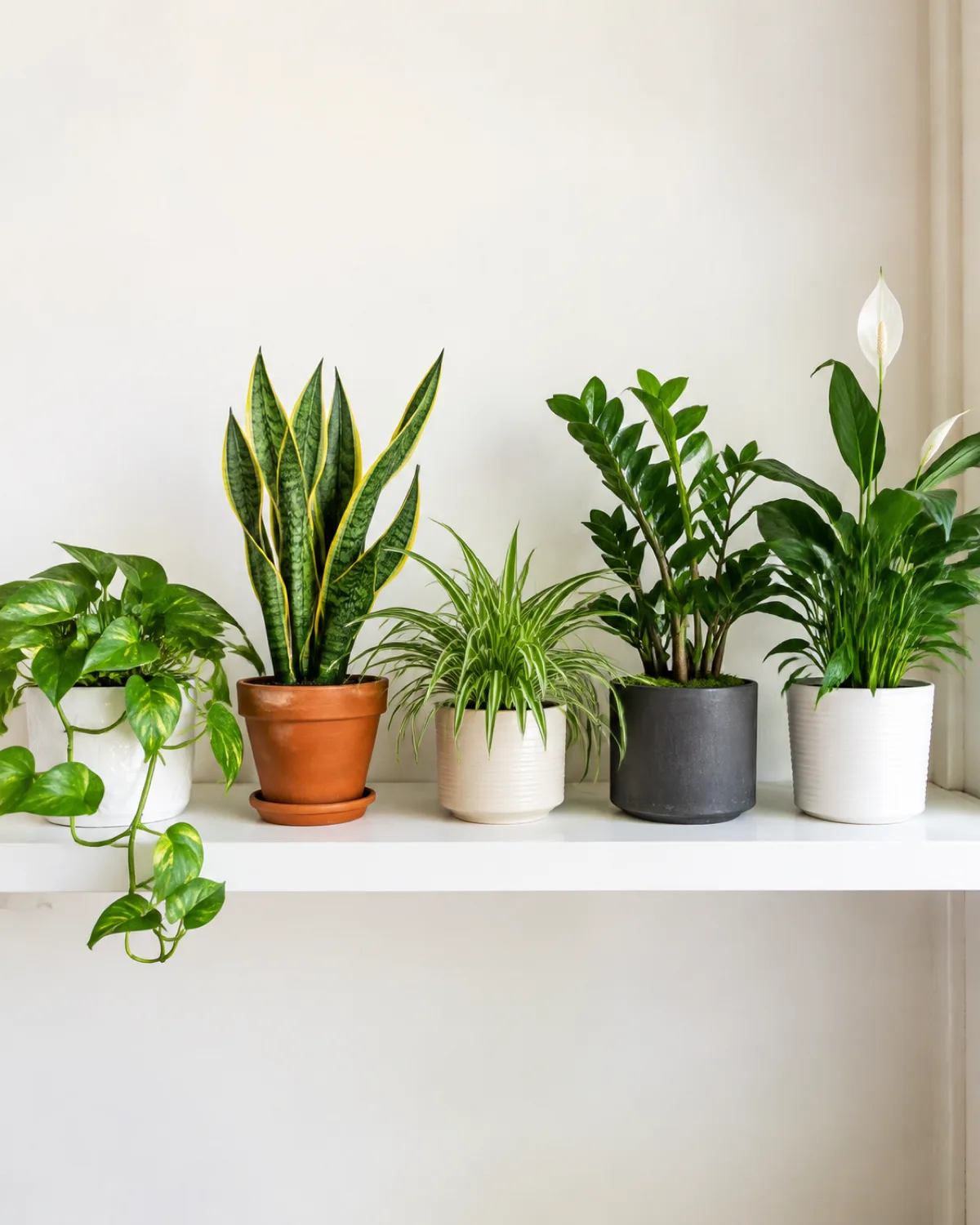 Five classic beginner-friendly houseplants arranged in a row on a clean white shelf against a light wall including a golden pothos a snake plant a spider plant a ZZ plant and a peace lily each healthy and clearly identifiable in simple coordinated pots with bright even natural light