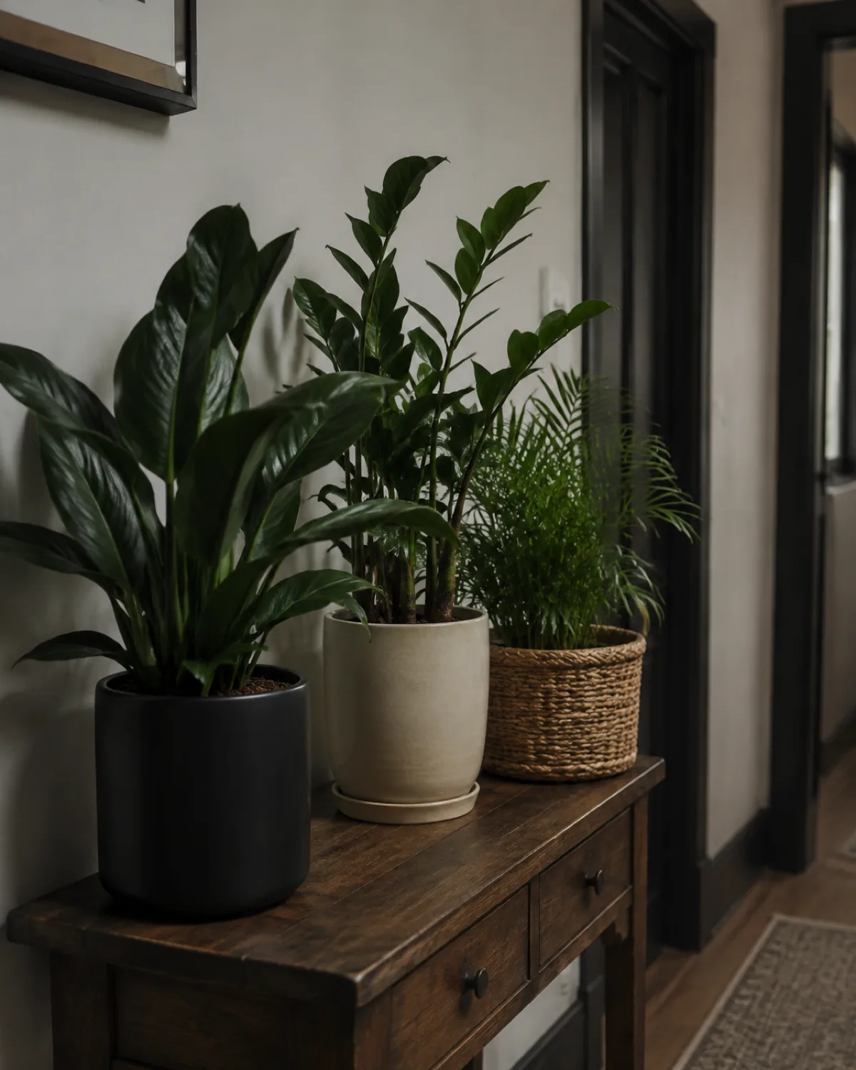 Three low-light tolerant plants grouped in a dimly lit north-facing room corner including a cast iron plant with dark glossy leaves in a matte black pot a ZZ plant in cream ceramic and a parlor palm with delicate fronds in a woven basket with soft low ambient light