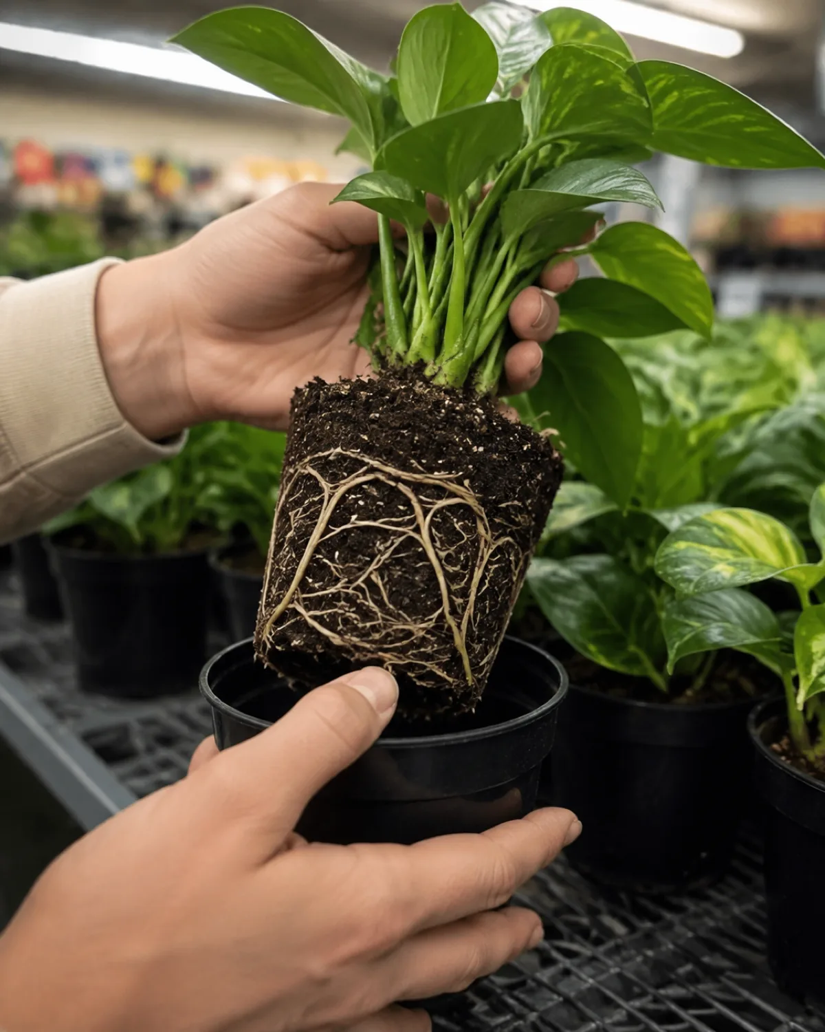 Close-up of hands gently lifting a small pothos from its nursery pot at a garden center to inspect the root ball with healthy white roots visible against the soil and other plants in black nursery pots on the store shelf in soft focus behind