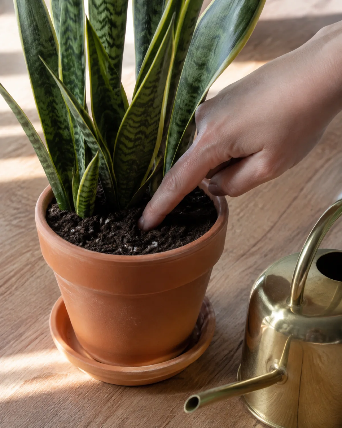 Close-up of a finger inserted about one inch into potting soil of a snake plant in a terracotta pot on a wooden table to check moisture level with a small watering can nearby in bright natural sidelight teaching the finger test technique