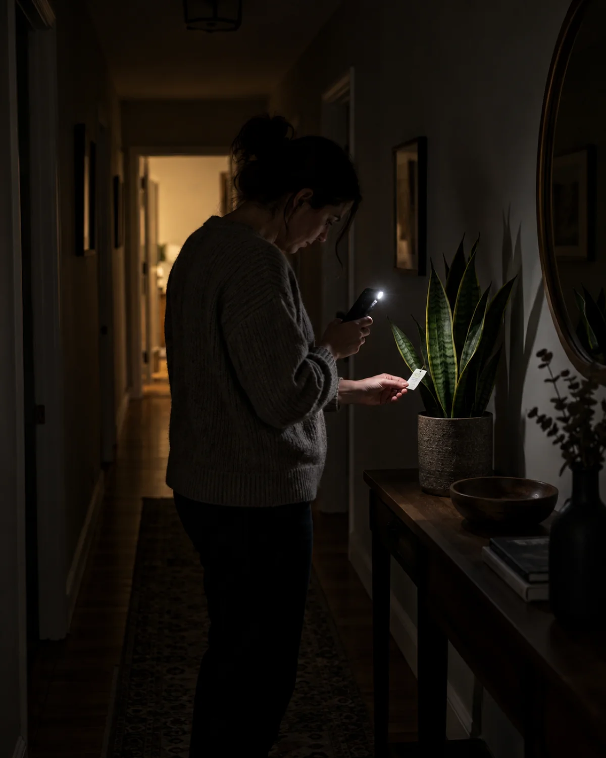 A person holding a smartphone flashlight in a dim interior hallway with no windows trying to read a plant care tag on a potted snake plant on a narrow console table the only light from a distant open doorway at the end
