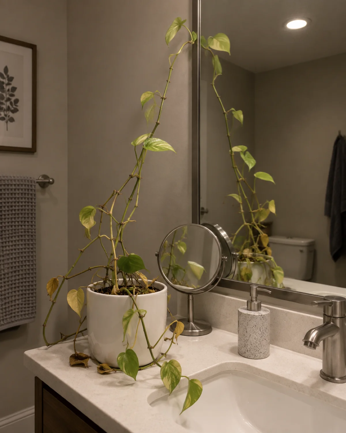 A pothos plant in a white pot on a windowless bathroom counter with leggy stems stretching toward the vanity mirror light widely spaced small pale leaves and yellowed dropped leaves on bare lower stems