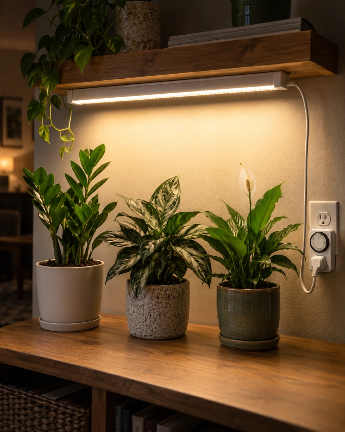 A modern slim LED grow light bar mounted under a wooden shelf glowing with warm full-spectrum white light illuminating a ZZ plant Chinese evergreen and small peace lily on the shelf below with a plug-in timer visible