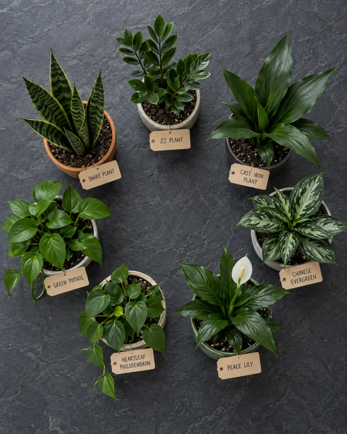 Top-down flat lay of seven small potted houseplants in a circle on a dark slate surface each in a different pot showing a ZZ plant cast iron plant Chinese evergreen peace lily heartleaf philodendron solid green pothos and snake plant with handwritten name tags