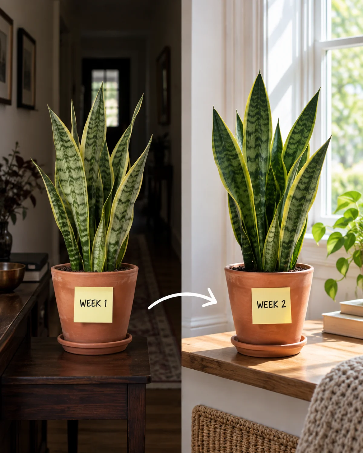 Two identical snake plants in matching terracotta pots side by side one on a dim hallway console table with a Week 1 sticky note and the other by a bright window with a Week 2 note showing the rotation cycle