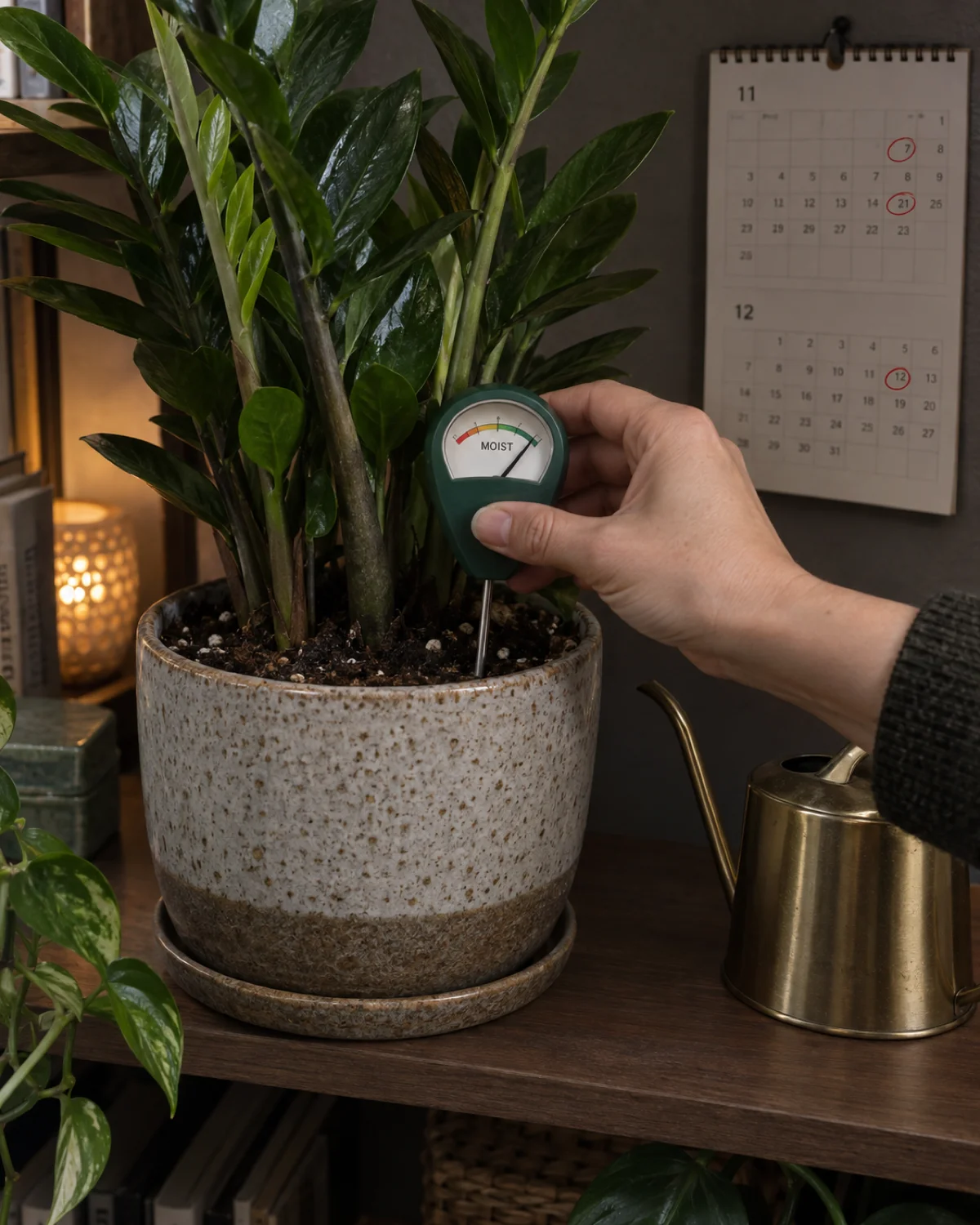 A close-up of a hand pushing a moisture meter probe into the soil of a potted ZZ plant in a dimly lit room with the meter showing moist and a small watering can pushed aside untouched