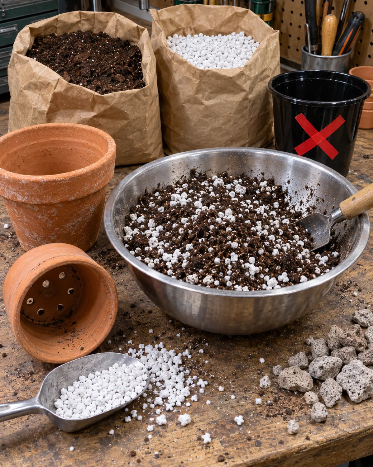 A workspace showing repotting materials with a terracotta pot next to a plastic pot with a red X taped on it a bag of perlite and potting soil being mixed in a bowl with chunky airy texture and a pot with drainage holes visible from below