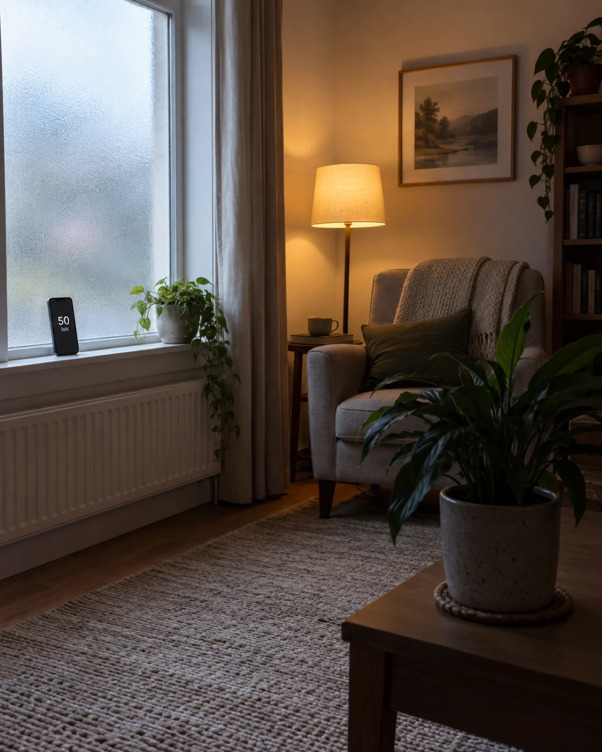 A room with a north-facing frosted window letting in diffused gray light with a reading lamp on near a chair but a light meter app on a phone showing a very low lux reading of 50 on the windowsill