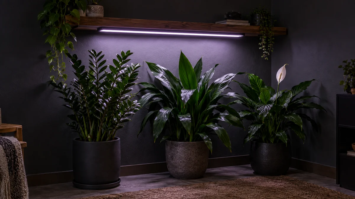 A dim windowless room corner converted into a plant nook with three potted houseplants under a cool-toned LED grow light bar casting soft purple-white glow on a ZZ plant cast iron plant and peace lily