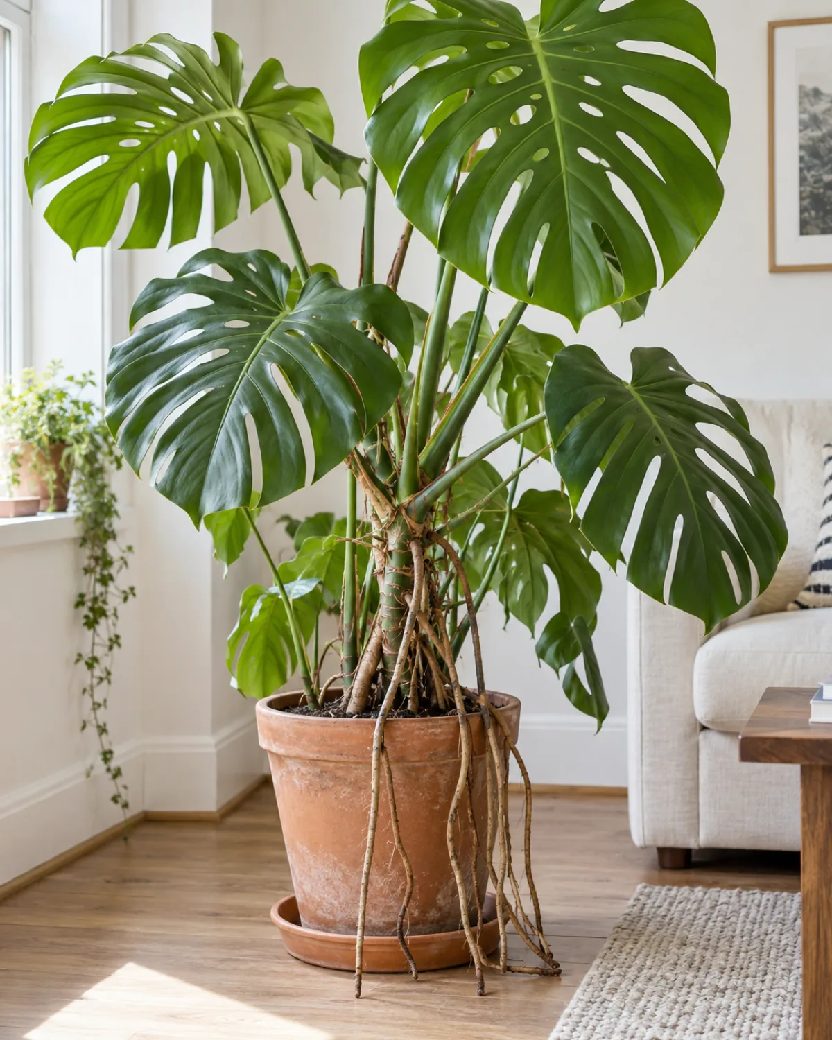 A healthy mature monstera deliciosa in a terracotta pot with multiple thick aerial roots cascading from several nodes and large fenestrated leaves in a bright airy living room