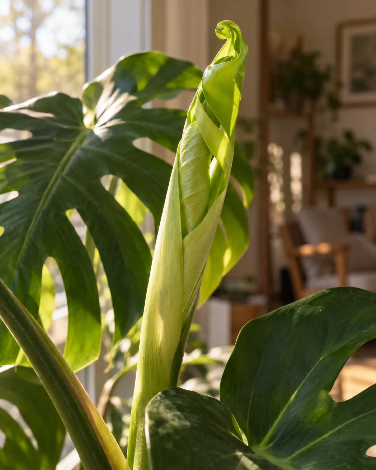 A monstera deliciosa pushing out a bright lime-green new leaf from its unfurling sheath with morning spring sunlight streaming through a window