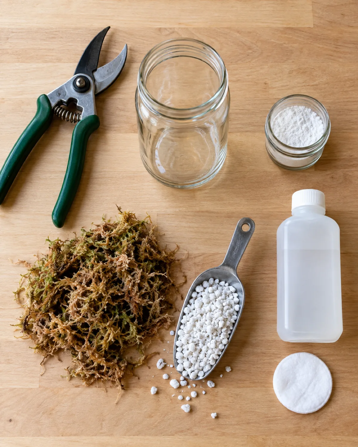 A flat-lay of monstera propagation tools on a light wooden countertop including sharp pruning shears a clear glass propagation jar rooting hormone powder sphagnum moss perlite and rubbing alcohol with a cotton pad