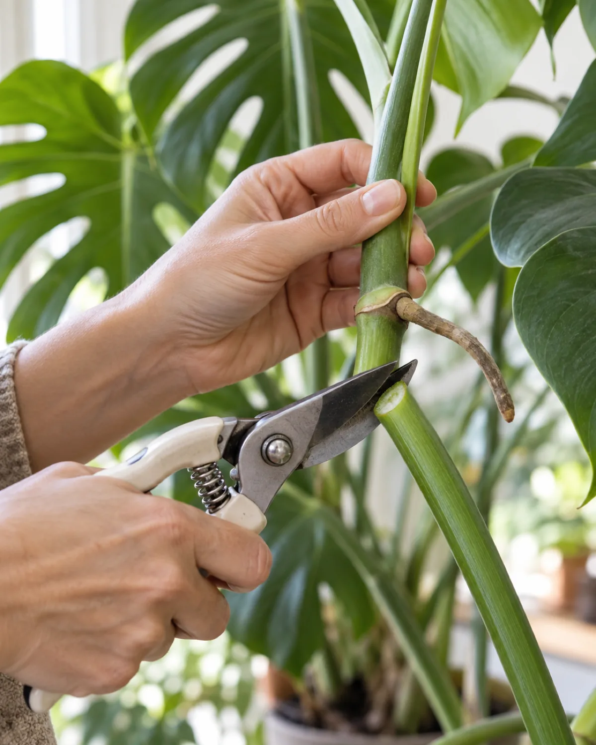 Hands making a clean 45-degree cut with sharp shears on a monstera stem just below a visible node with an aerial root with green healthy tissue visible at the cut