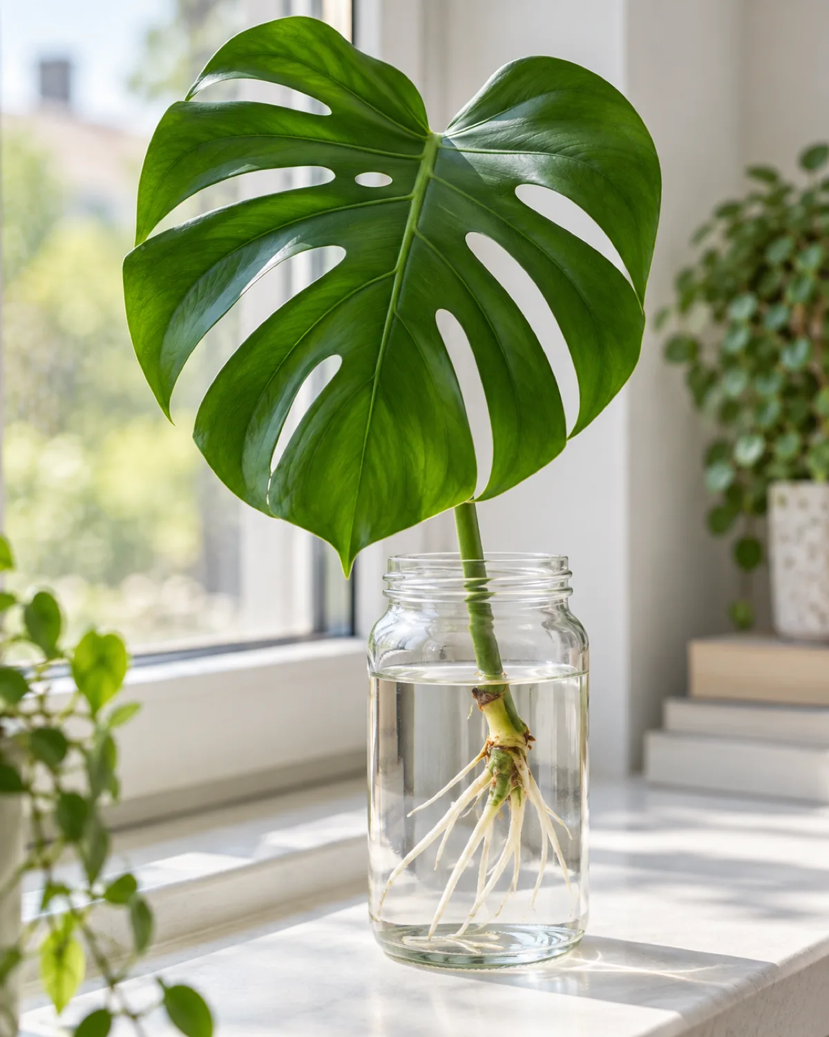 A monstera stem cutting with one large fenestrated leaf standing in a clear glass jar of water with healthy white roots about 2-3 inches long clearly visible through the water on a bright windowsill