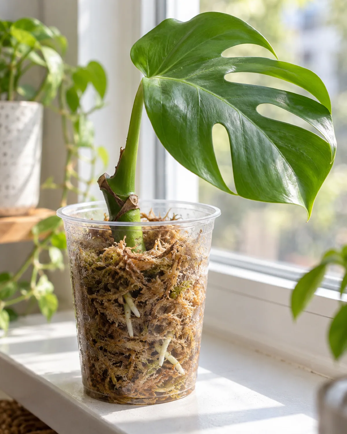 A monstera node wrapped in damp sphagnum moss inside a clear plastic cup with small white roots beginning to emerge through the moss and visible through the cup wall