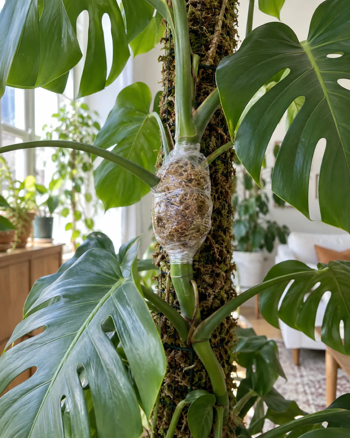 A monstera vine still attached to its mother plant with damp sphagnum moss wrapped around a node and secured with clear plastic wrap the moss bundle visible against the green stem