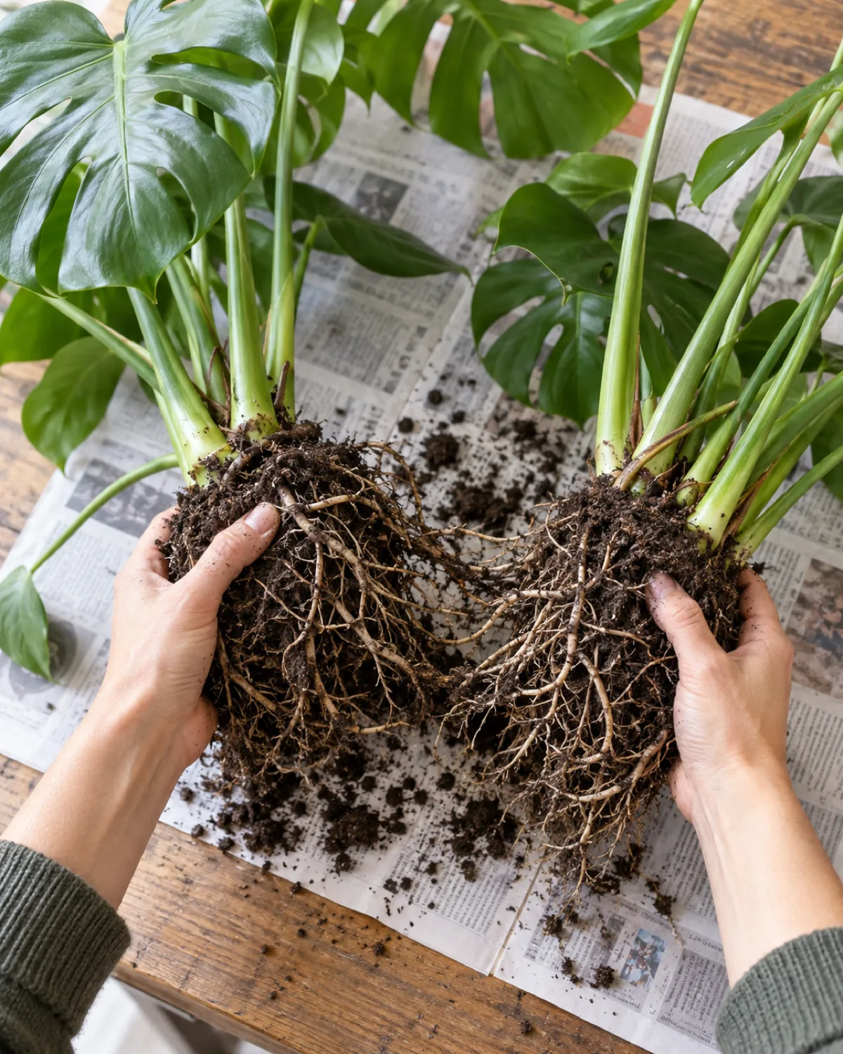 An unpotted monstera showing two distinct root clumps being gently separated by hands with visible soil and tangled roots between the two sections each section having its own stems and leaves