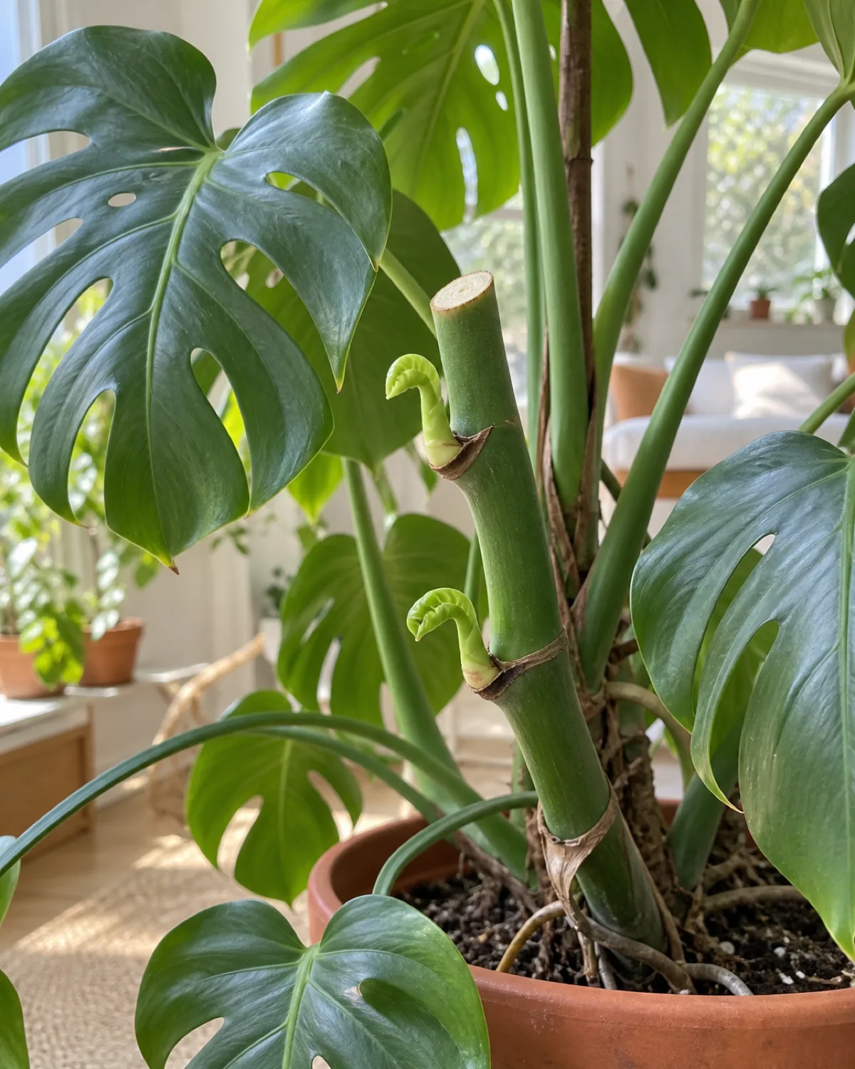 A monstera plant with a visible fresh clean cut on its main stem with two small new growth points with tiny curled leaves emerging from nodes just below the cut and lush remaining foliage