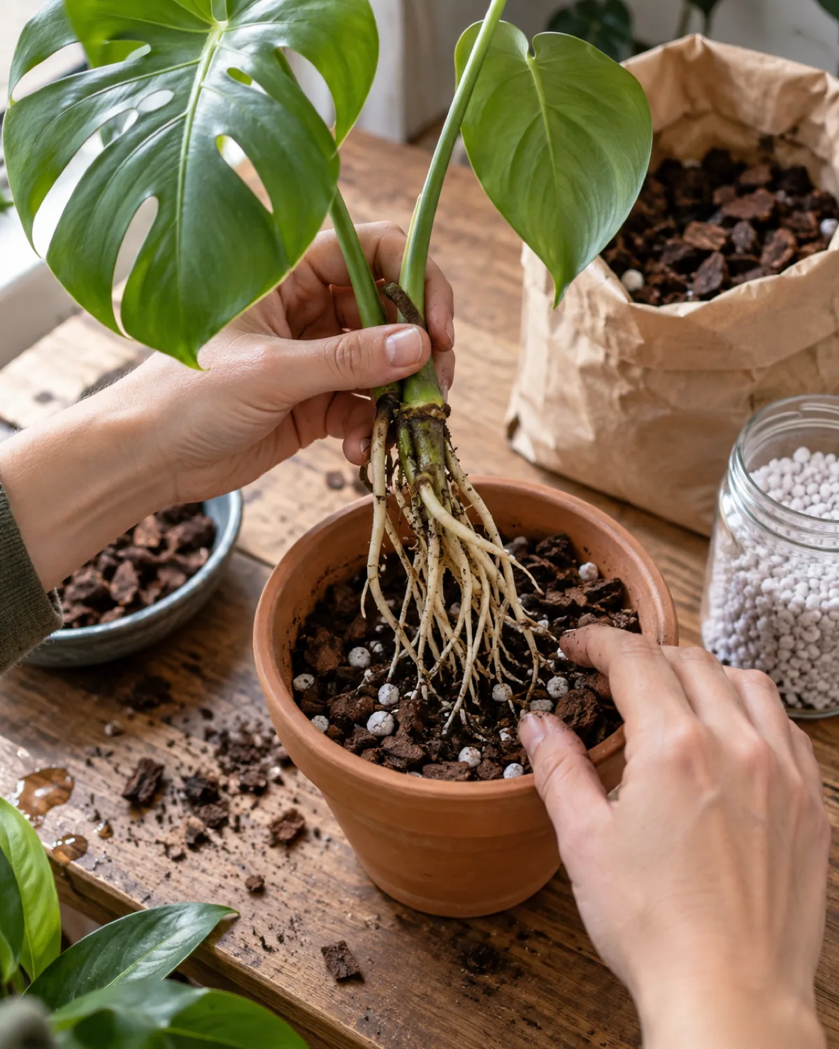 Hands placing a rooted monstera cutting with visible white roots into a small terracotta pot filled with chunky aroid mix showing bark chips and perlite