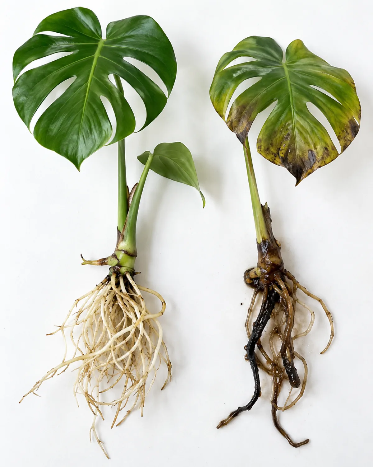 Two monstera cuttings side by side on a white surface for comparison left cutting with healthy firm green stem and crisp white roots right cutting with soft brown mushy stem base and darkened roots indicating rot