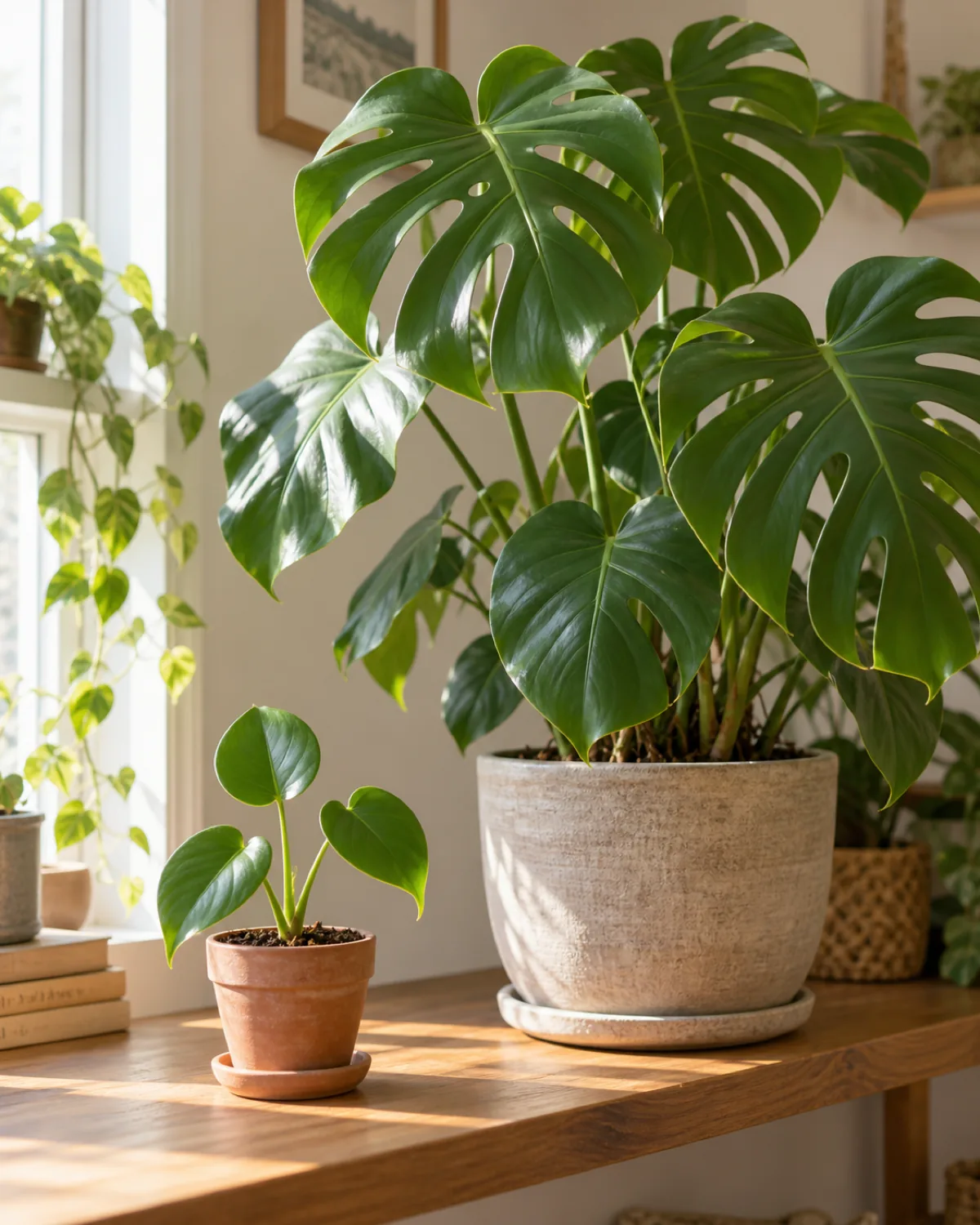 A young small propagated monstera with three solid unfenestrated heart-shaped leaves in a small pot next to a large mature monstera with big deeply fenestrated leaves in a bigger pot showing the growth journey