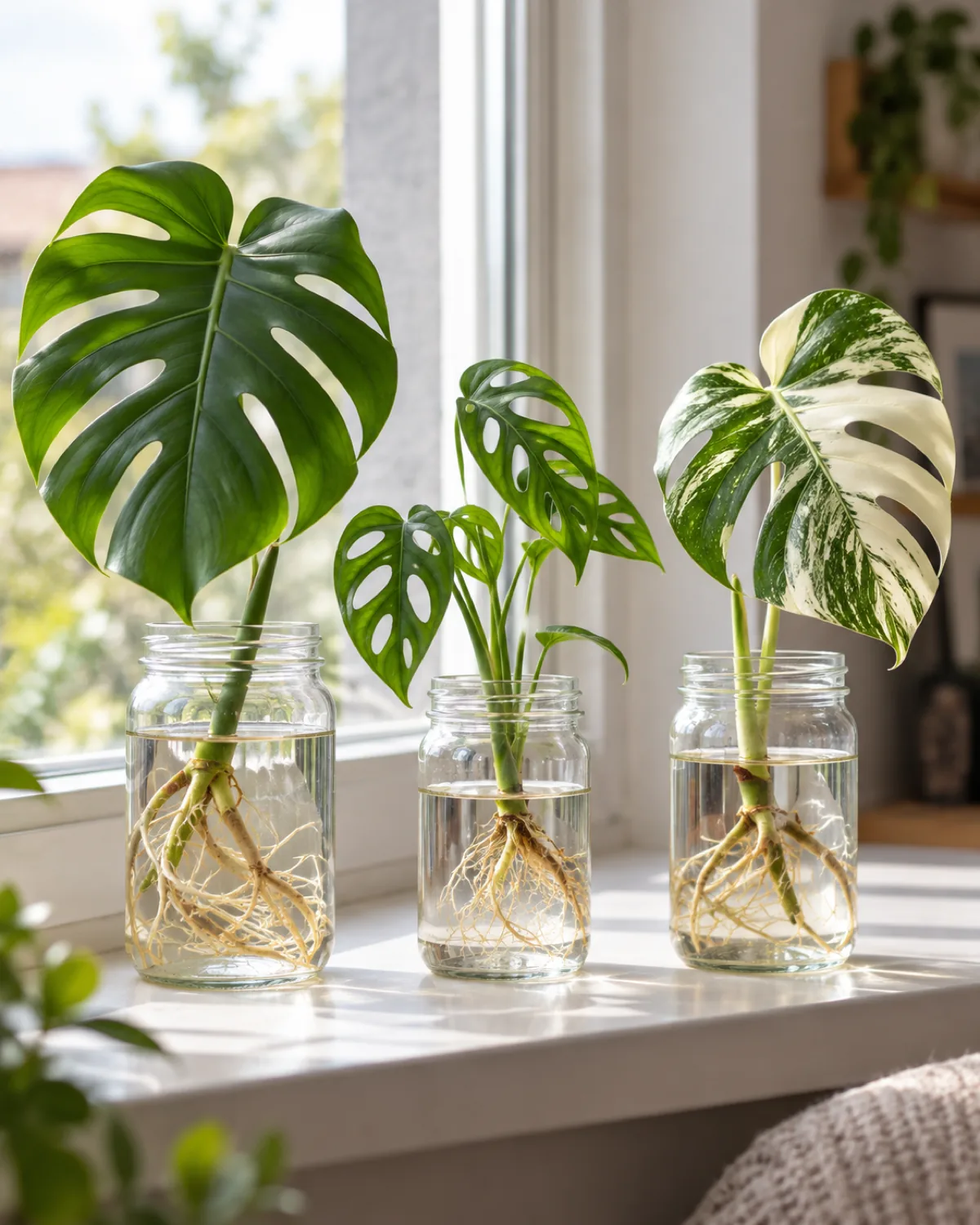 Three different monstera cuttings rooting in three separate clear glass jars of water on a bright windowsill a large deliciosa cutting on the left a smaller adansonii cutting in the middle and a white-and-green variegated cutting on the right