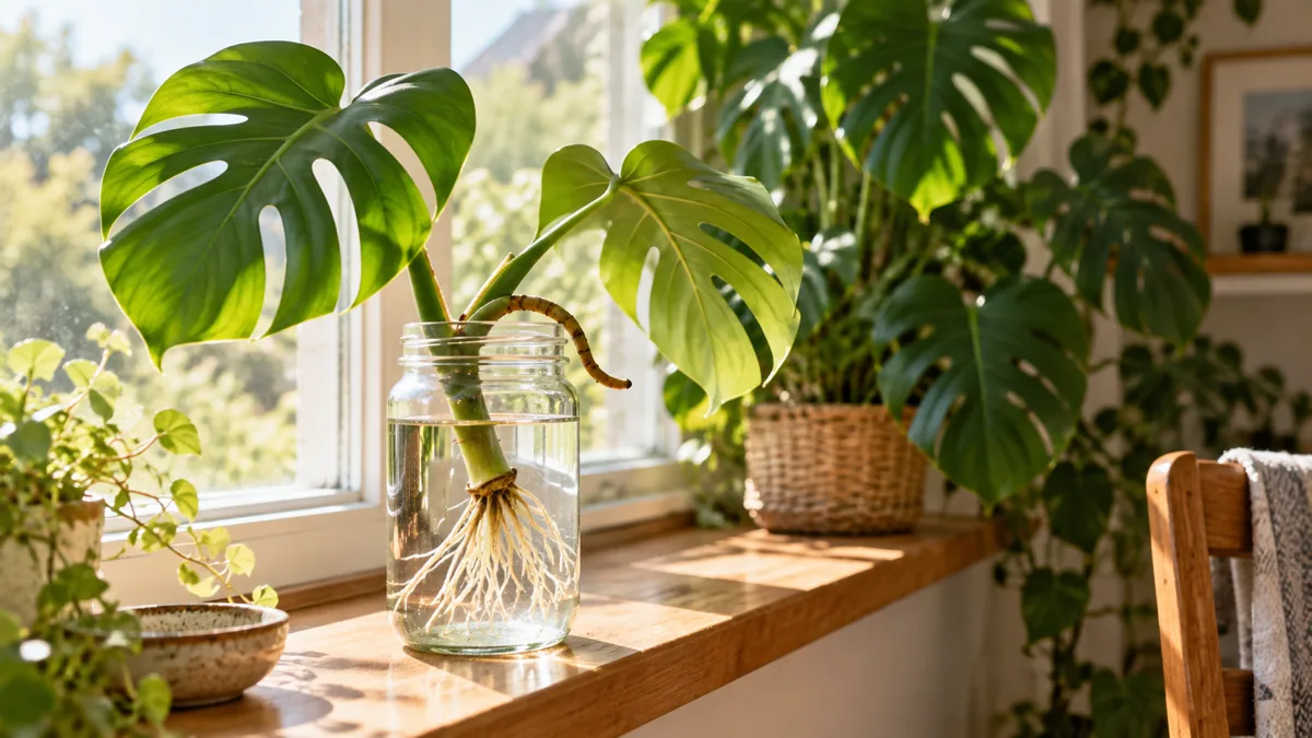 A monstera stem cutting with aerial root sitting in a clear glass jar of water on a sunny windowsill with white roots visible through the glass and the mother plant in the background
