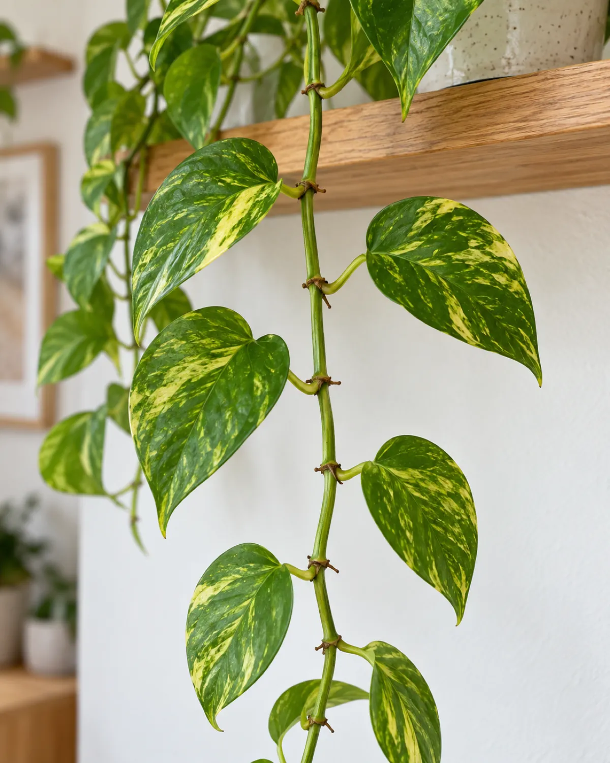 A healthy golden pothos vine hanging from a shelf showing multiple nodes along the stem with small brown aerial root bumps visible at each node the vine long and lush with heart-shaped leaves bright indirect light highlighting the golden variegation white wall background natural wood shelf
