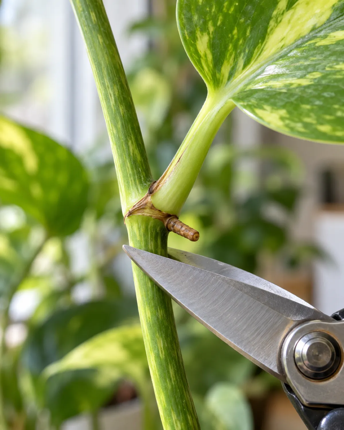 Extreme close-up of a single pothos stem node showing the small brown aerial root nub protruding from the stem just below where a leaf petiole meets the vine with clean pruning shears positioned at a 45-degree angle just below the node bright macro-style lighting blurred green foliage in background