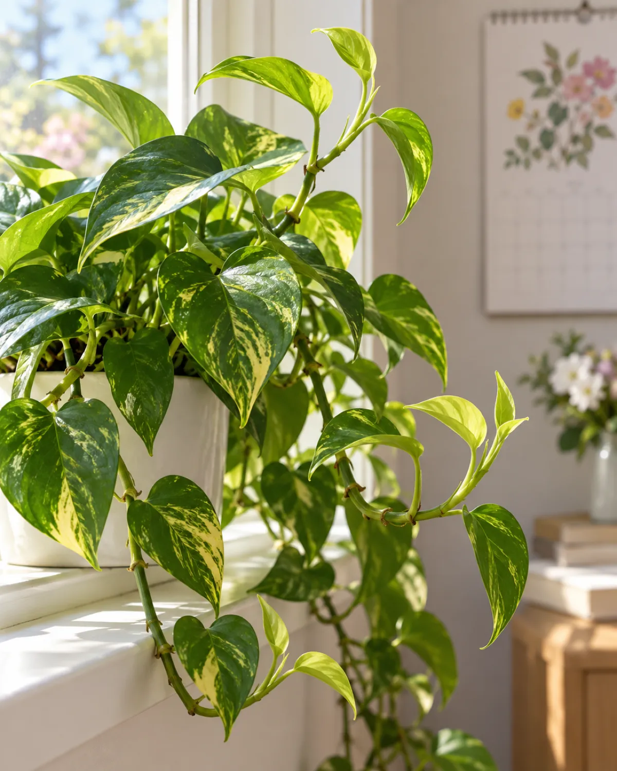 A pothos vine growing vigorously near a bright south-facing window in spring with new unfurling light-green leaves visible at the growing tips a wall calendar in the soft background showing a spring month the vine trailing along a white windowsill warm morning light