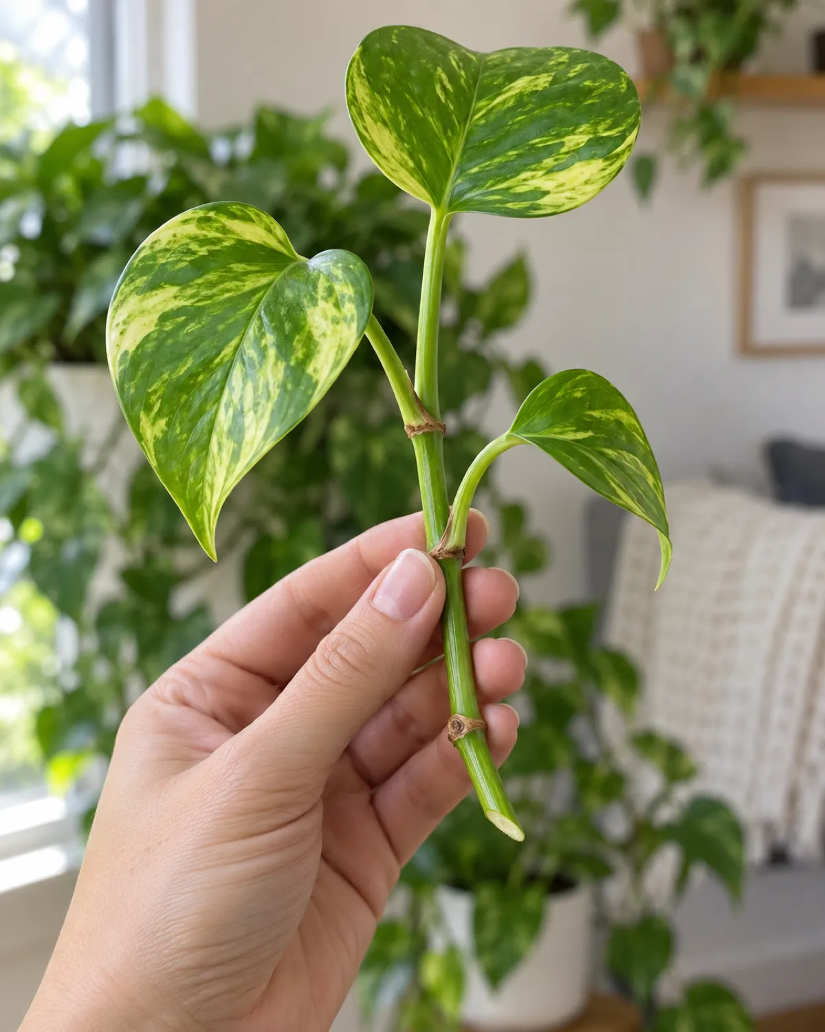 A woman's hand with fingers naturally together and thumb relaxed holding a freshly cut pothos stem cutting with two nodes and three leaves the cut end showing a clean 45-degree angle just below the bottom node the lower leaf cleanly removed bright natural light blurred pothos mother plant in background
