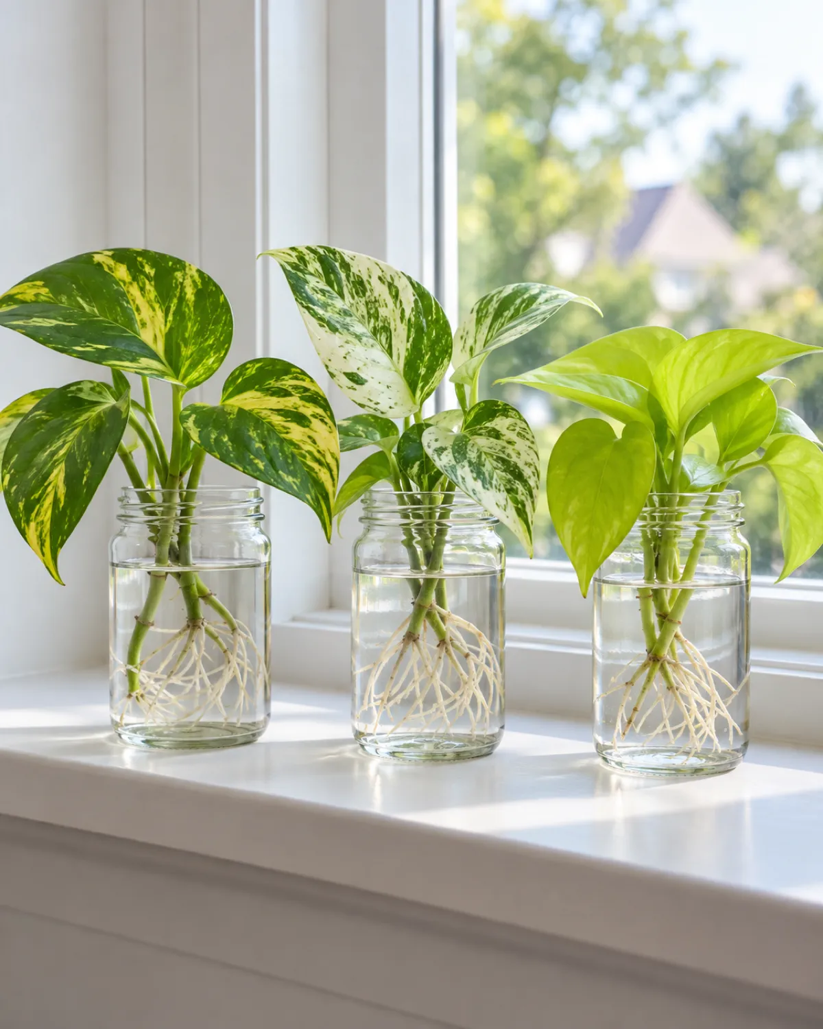 Three clear glass jars on a bright windowsill each containing a pothos cutting submerged in water with white roots growing two to three inches long underwater one golden pothos one marble queen with white variegation and one neon in bright chartreuse bright indirect light clean white window frame
