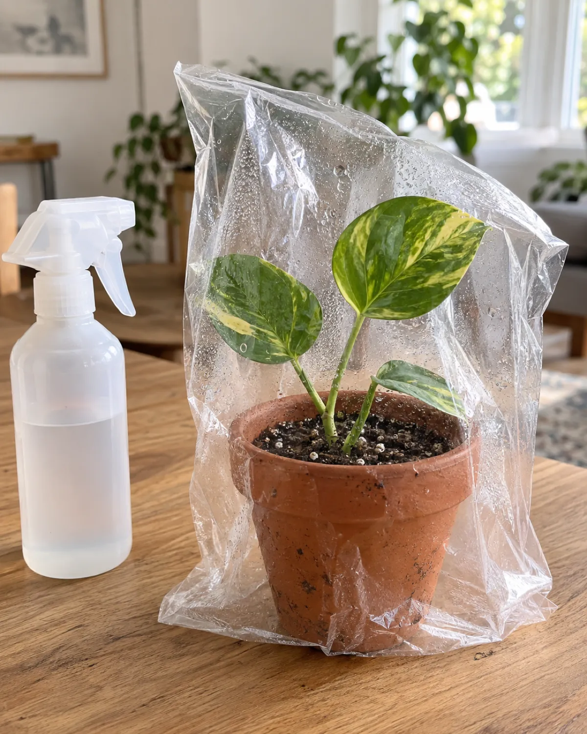 A small terracotta pot filled with moist potting mix with a pothos cutting freshly inserted into the soil a clear plastic bag draped loosely over the top as a humidity dome slightly fogged with condensation a spray bottle sitting next to the pot bright natural light wooden table surface