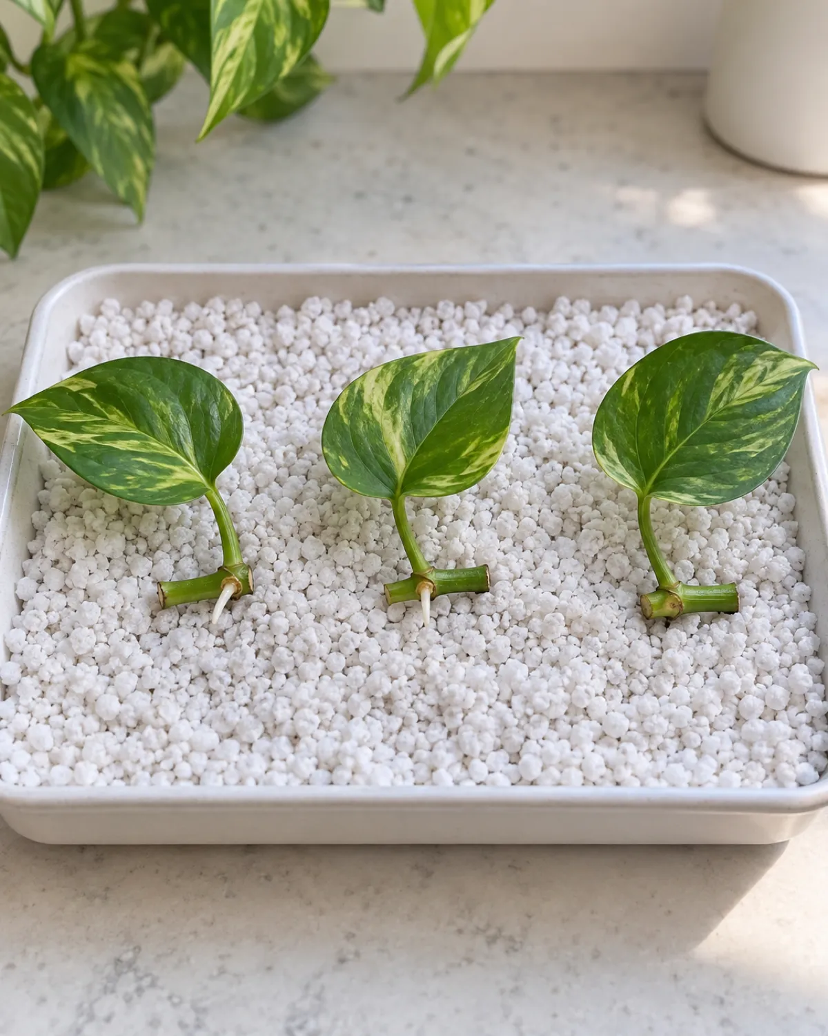 Three individual pothos single-node cuttings laid horizontally on top of a tray of damp perlite each cutting just one node with one leaf the node pressed gently into the perlite surface tiny white root nubs beginning to emerge from two of the three nodes overhead angle bright natural light clean setup