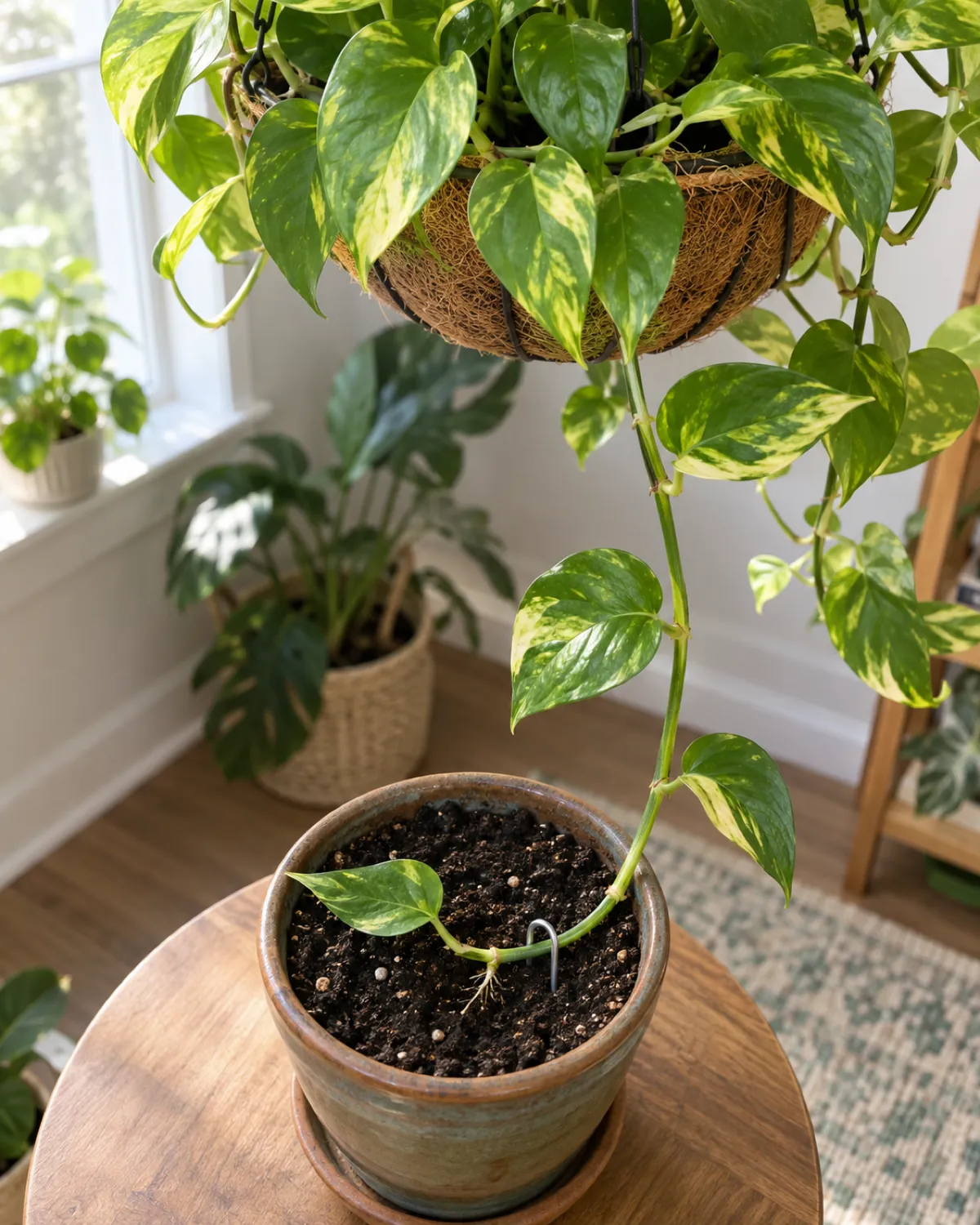 A trailing pothos vine from a hanging basket being pinned down to a small pot of soil placed directly below it using a U-shaped plant pin the vine still connected to the mother plant above the node section touching the soil showing a tiny new root emerging into the dirt overhead angle natural light
