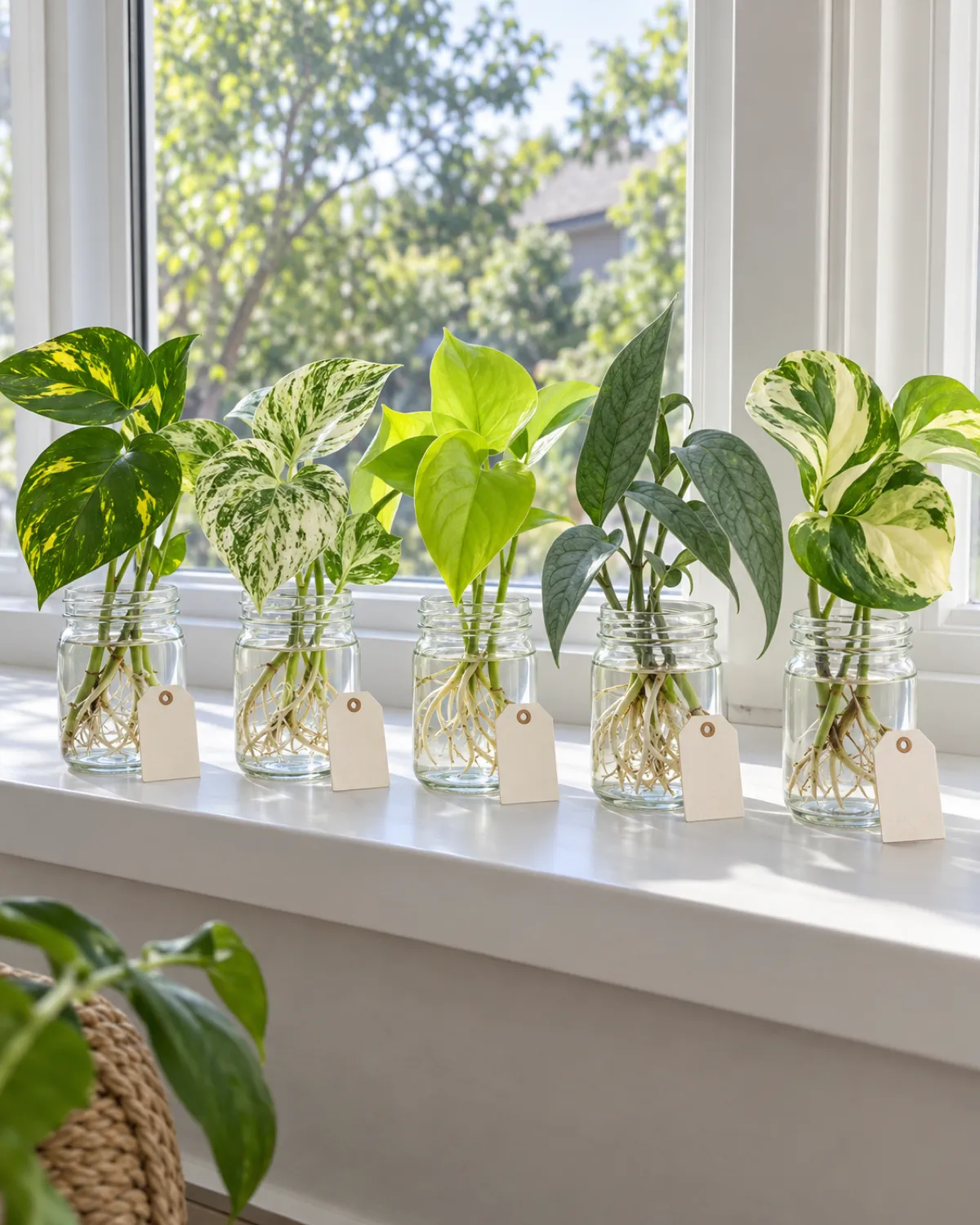Five pothos cuttings in separate small glass jars arranged in a row on a windowsill each a different variety golden pothos with yellow splashes marble queen with white marbling neon pothos in bright chartreuse cebu blue with silvery blue-green elongated leaves and manjula with rounded cream-green variegation each cutting showing visible roots in water bright natural light