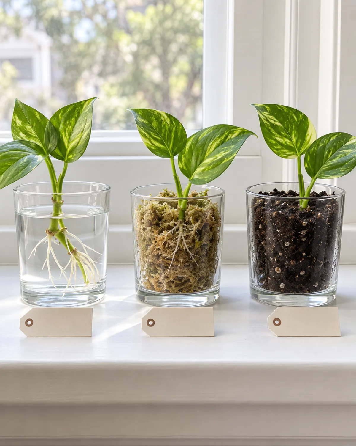 Side-by-side comparison of three clear glass jars at the same stage leftmost jar with a pothos cutting in water showing white roots middle jar with a cutting in sphagnum moss in a glass showing shorter fuzzy roots rightmost jar with soil barely visible through the glass same bright windowsill same pot sizes clean minimalist composition