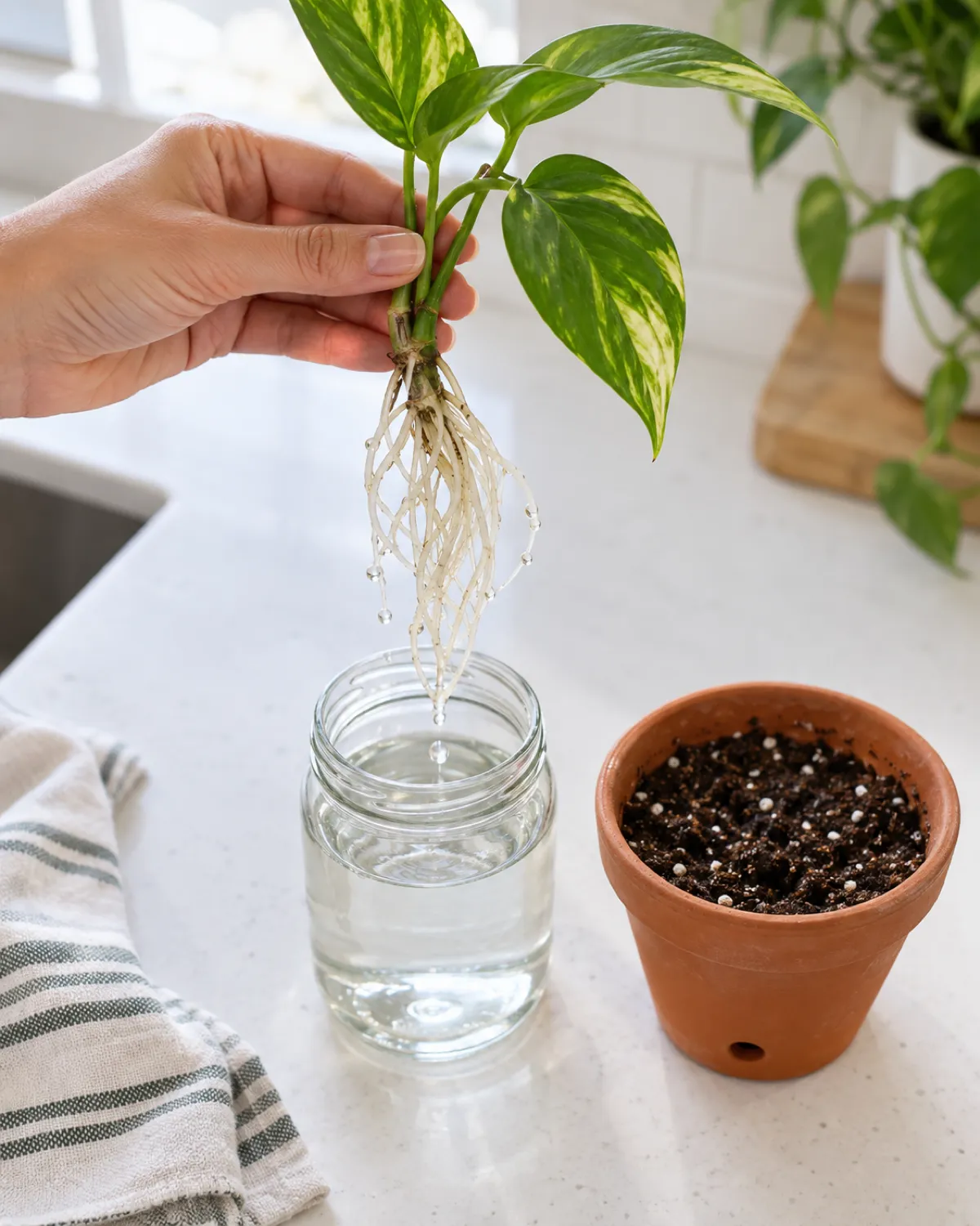 A woman's hand with fingers together and relaxed gently removing a water-rooted pothos cutting from a glass jar showing long white water roots dripping next to the jar a small pot with pre-moistened loose potting mix ready for planting the pot showing a drainage hole bright natural light white counter slightly overhead angle