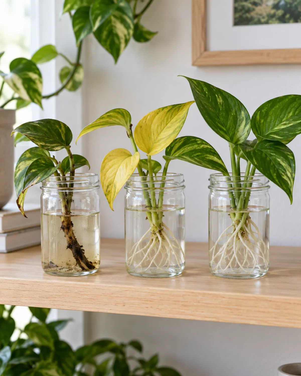 A row of three propagation jars on a shelf showing common problems leftmost jar with a cutting with a mushy brown stem rotting in cloudy water middle jar with a cutting with yellowing leaves but healthy roots rightmost jar with a healthy cutting with strong white roots for contrast bright indirect light clean shelf