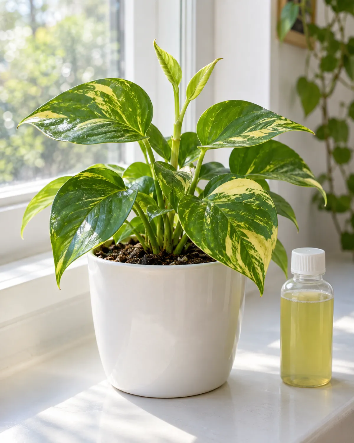 A recently potted-up propagated pothos in a small white ceramic pot showing two new unfurling leaves at the growing tip indicating successful establishment on a bright windowsill with filtered light next to a small bottle of diluted liquid fertilizer fresh growth visible healthy green leaves