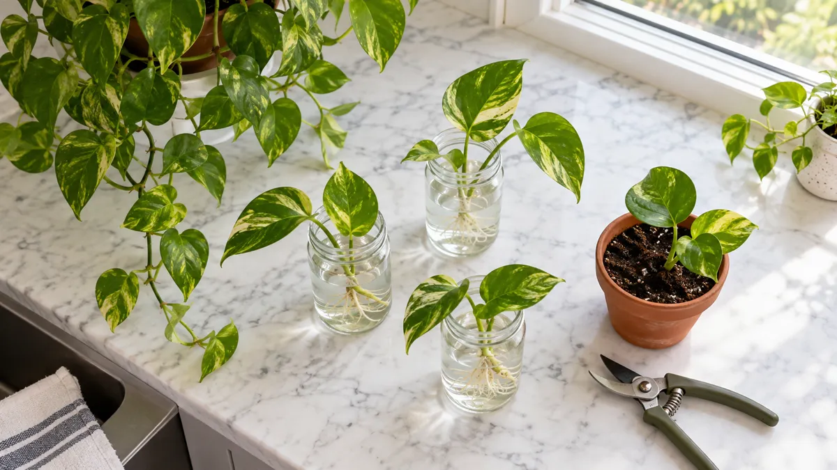 Overhead shot of a bright kitchen counter with three clear glass jars holding golden pothos cuttings with visible white roots growing in water alongside a terracotta pot with a newly planted cutting pruning shears and a trailing mother pothos plant above in morning light