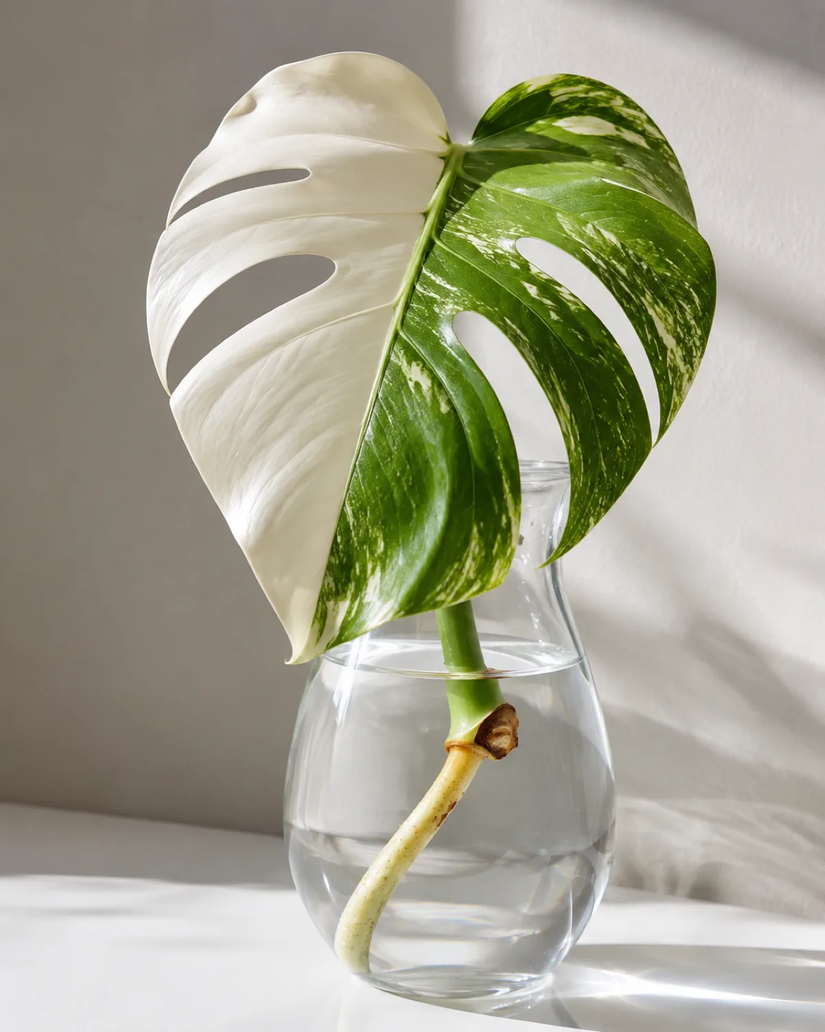 A single variegated monstera cutting with half-moon variegation in a clear glass propagation vessel with water showing the aerial root submerged and the white variegation catching indirect light