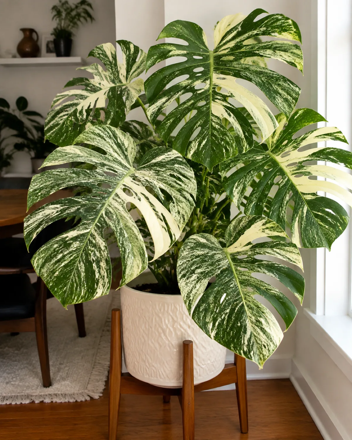 A mature variegated monstera Thai Constellation in a cream ceramic pot showing multiple large fenestrated leaves with speckled cream and green constellation-pattern variegation
