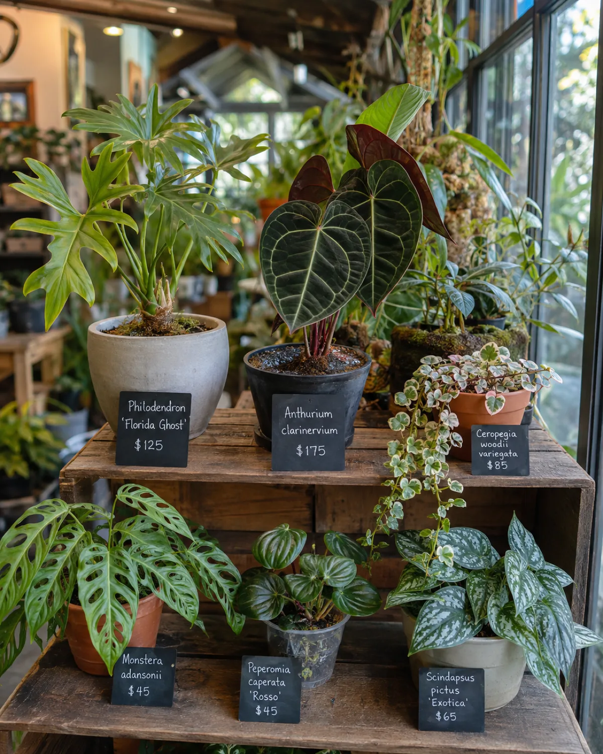 A specialty plant shop interior with uncommon plants on wooden shelves with handwritten price tags and botanical name labels in warm inviting light through greenhouse glass