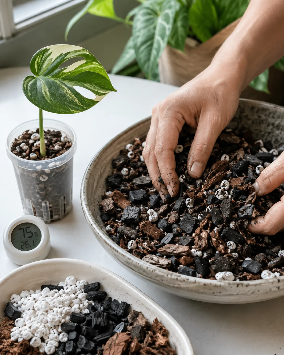 Close-up of chunky aroid potting mix being prepared with hands mixing large orchid bark pieces perlite chunks and horticultural charcoal in a ceramic bowl with a variegated monstera cutting and a hygrometer nearby