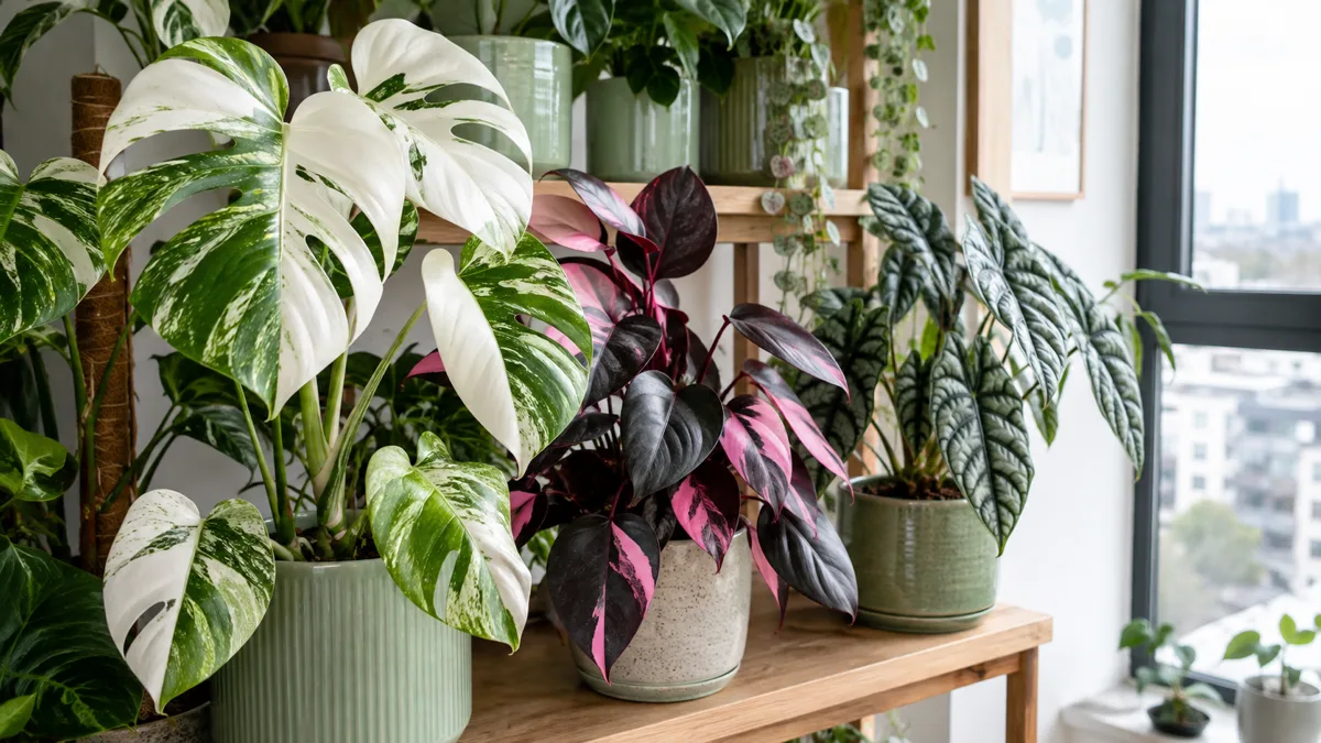 Collection of rare houseplants on a wooden shelf including a variegated monstera albo with white and green leaves a pink princess philodendron and an alocasia dragon scale with deeply textured silvery leaves in coordinated sage and cream ceramic pots with soft natural side light