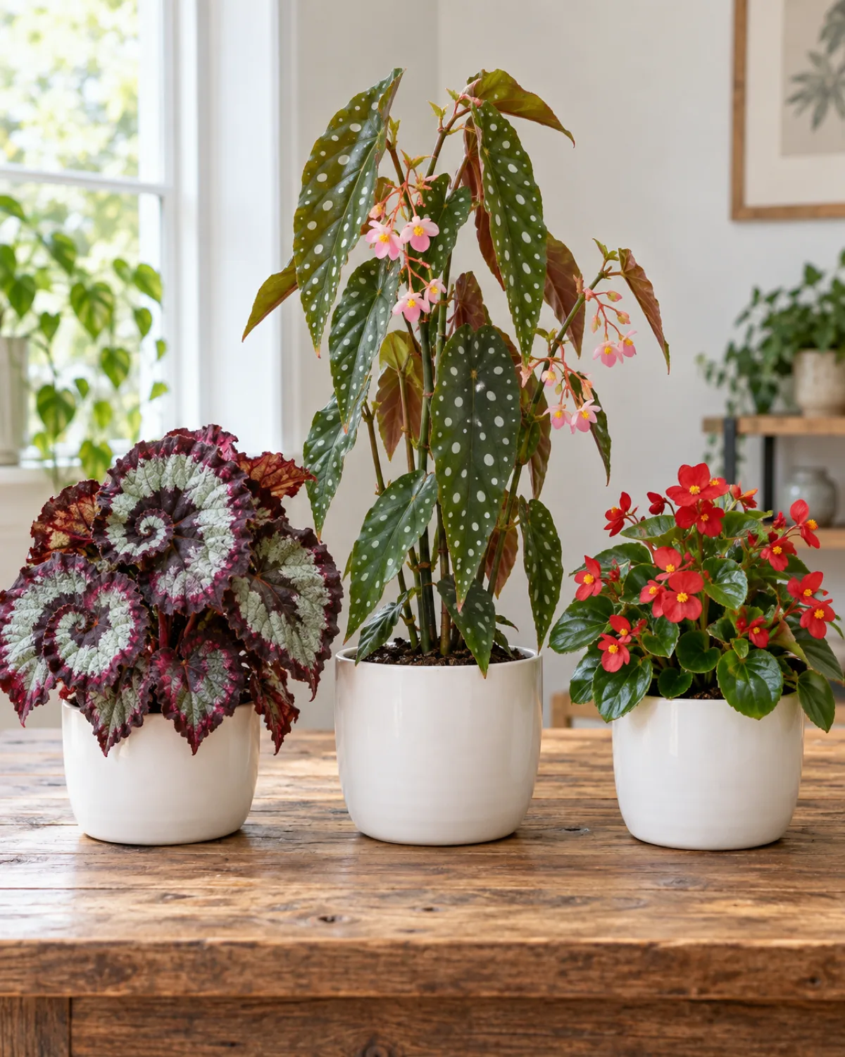 Side-by-side comparison of three begonia types on a wooden table: a rex begonia with dramatic metallic silver-and-burgundy spiral leaves, a tall cane-type angel wing begonia with polka-dotted leaves and pink flowers, and a small wax begonia covered in red blooms
