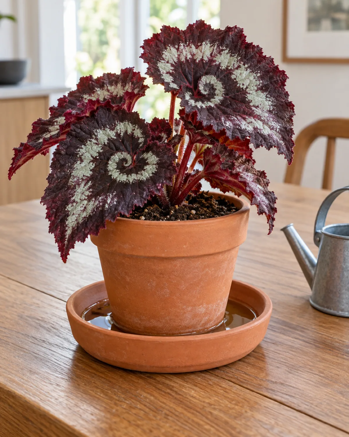 A rex begonia in a terracotta pot sitting inside a shallow saucer filled with water demonstrating bottom watering with the soil surface dry on top while the pot absorbs water from below through the drainage hole